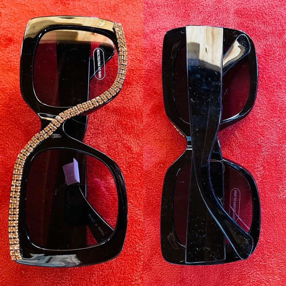 Fabulous New Gold RHINESTONE Embellished Oversized Square SUNGLASSES